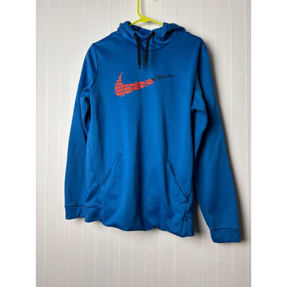 Nike Mens Therma-FIT Hoodie Blue Orange Graphic Swoosh Pullover Sweatshirt